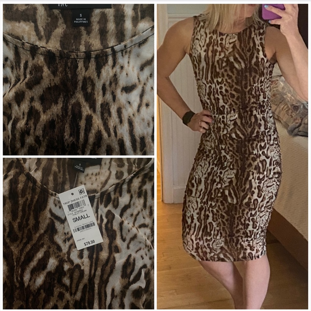 INC leopard nylon mesh fitted lined dress scrunched sides NWT Sz S